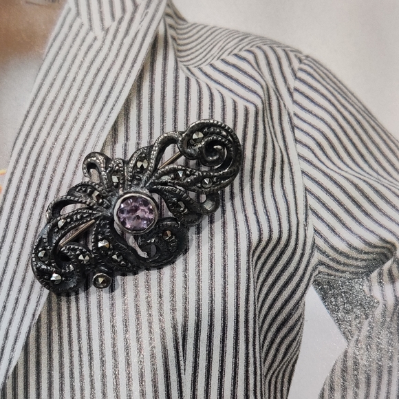VTG Art Deco Sterling Marcasite & Amethyst brooch - Picture 6 of 7